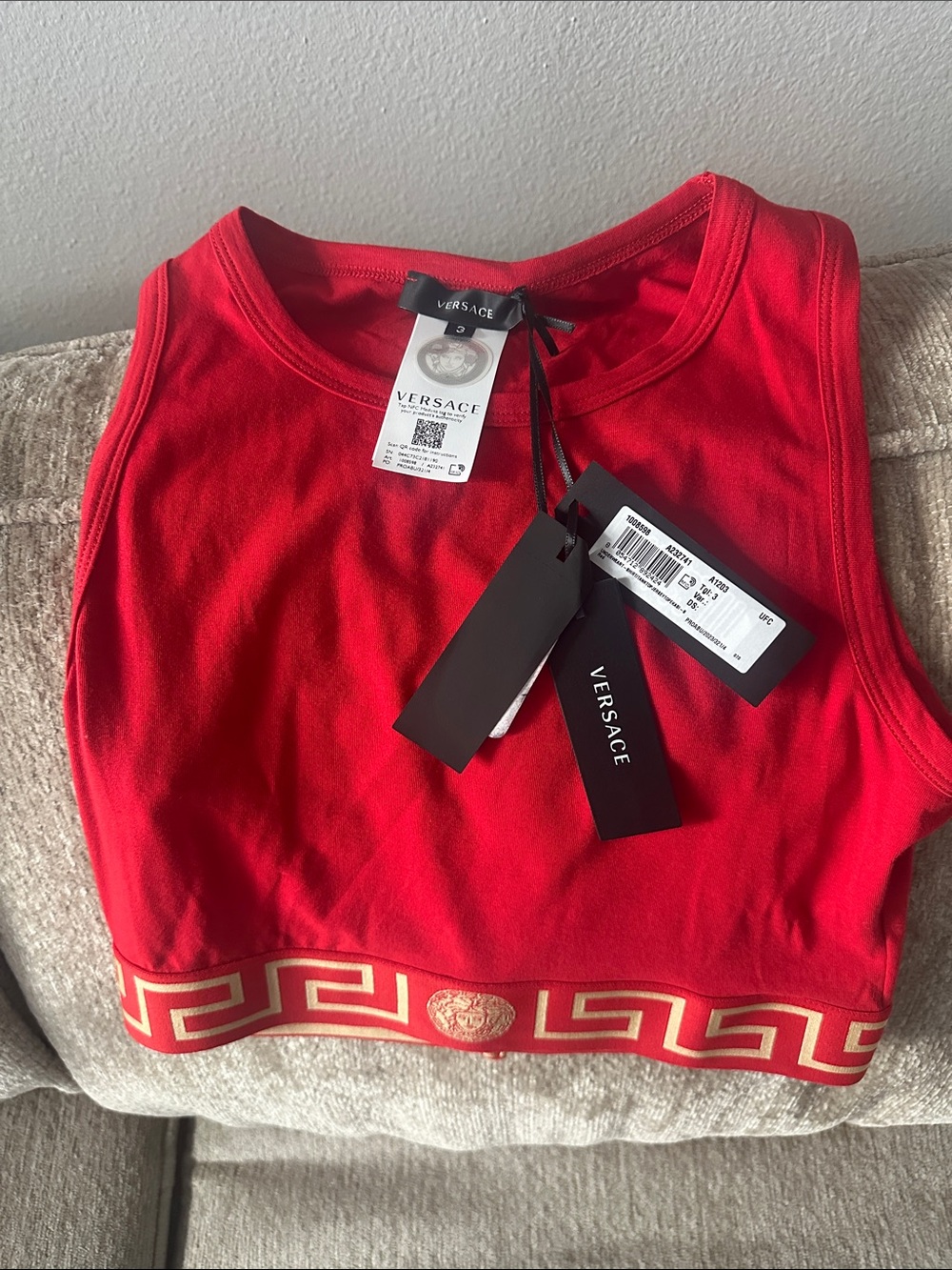 Versace Red Crop Tank with Gold Greek Key Trim